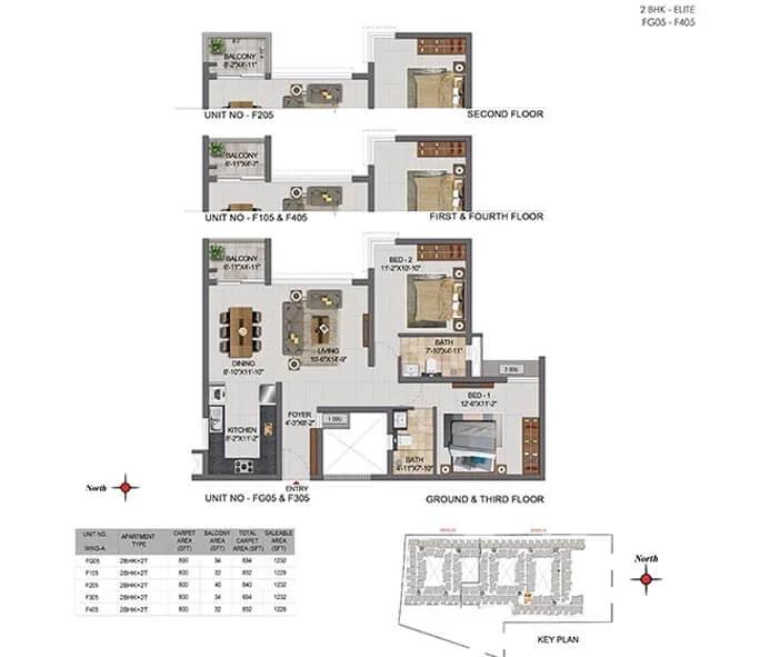 CasaGrand Boulevard 2 BHK floor plan, about 1,232 sq ft