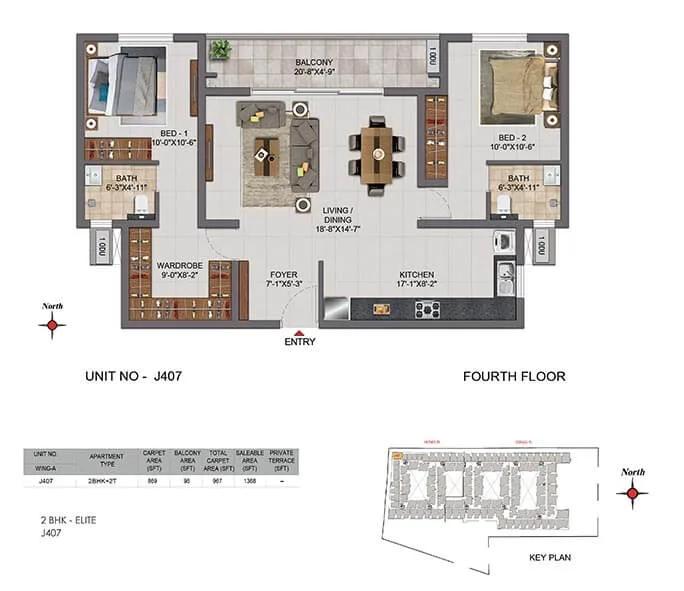 CasaGrand Boulevard 2 BHK floor plan, about 1,369 sq ft