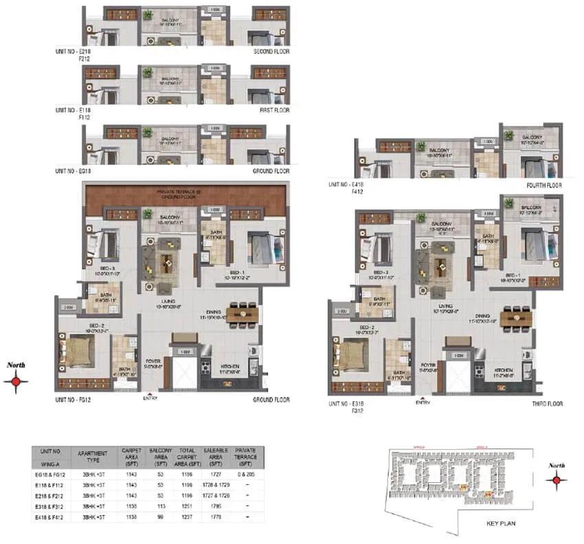 CasaGrand Boulevard 3 BHK floor plan, about 1,196 sq ft
