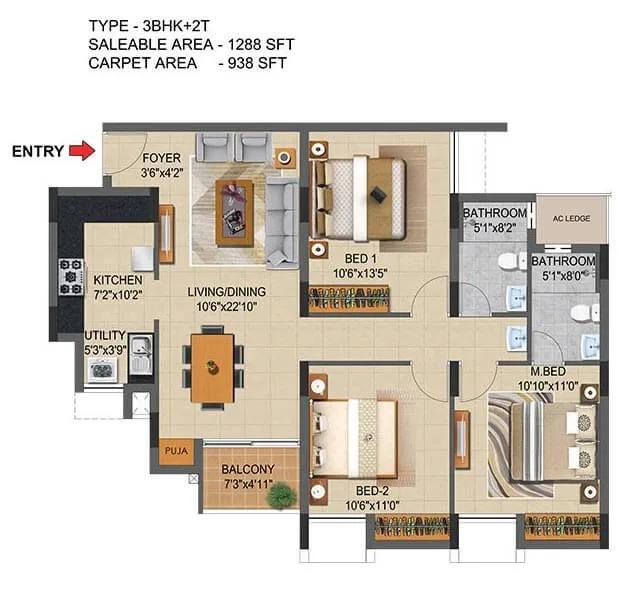 Casagrand Supremus 3 BHK floor plan, about 1,288 sq ft