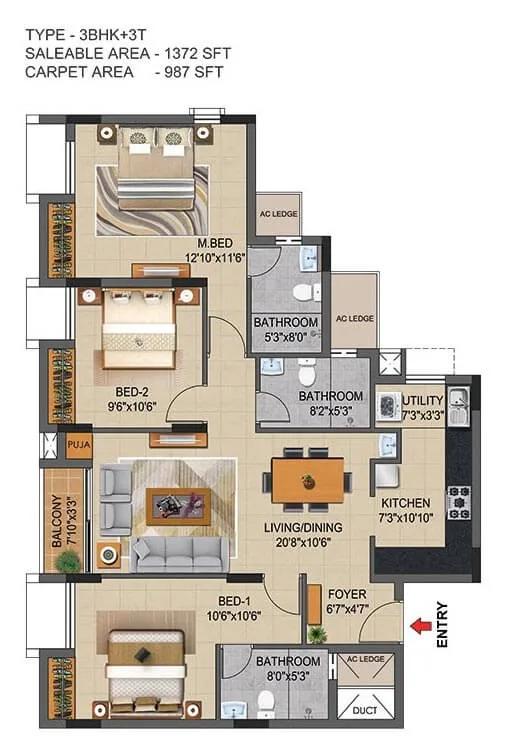 Casagrand Supremus 3 BHK floor plan, about 1,372 sq ft