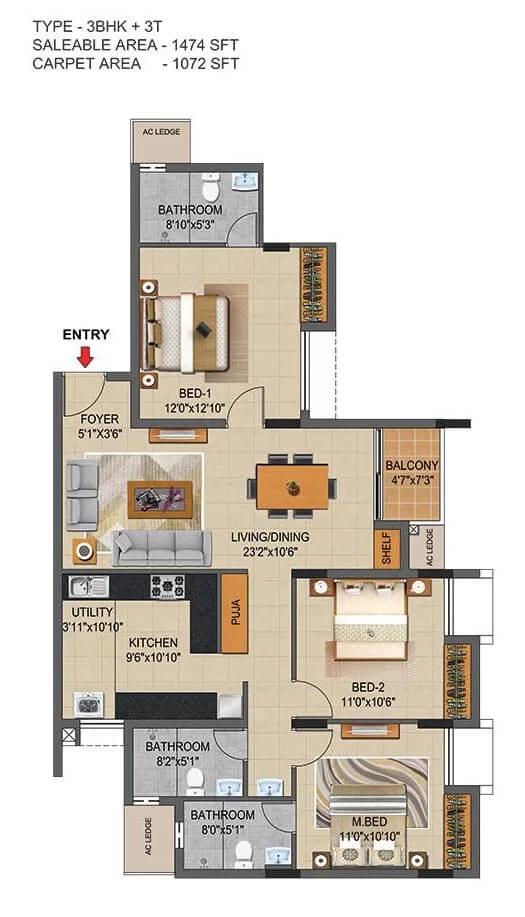 Casagrand Supremus 3 BHK floor plan, about 1,474 sq ft