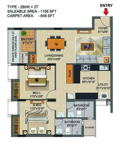 Casagrand Supremus 2 BHK floor plan, about 1,156 sq ft