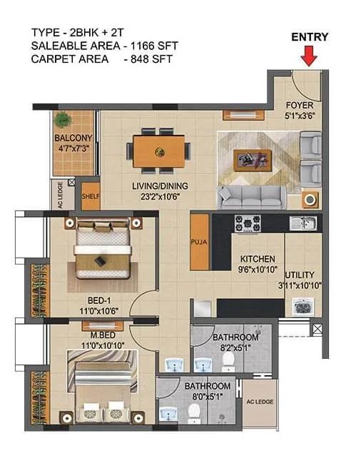 Casagrand Supremus 2 BHK floor plan, about 1,166 sq ft