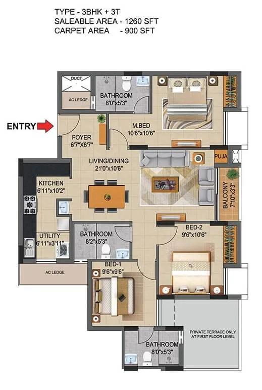 Casagrand Supremus 3 BHK floor plan, about 1,260 sq ft