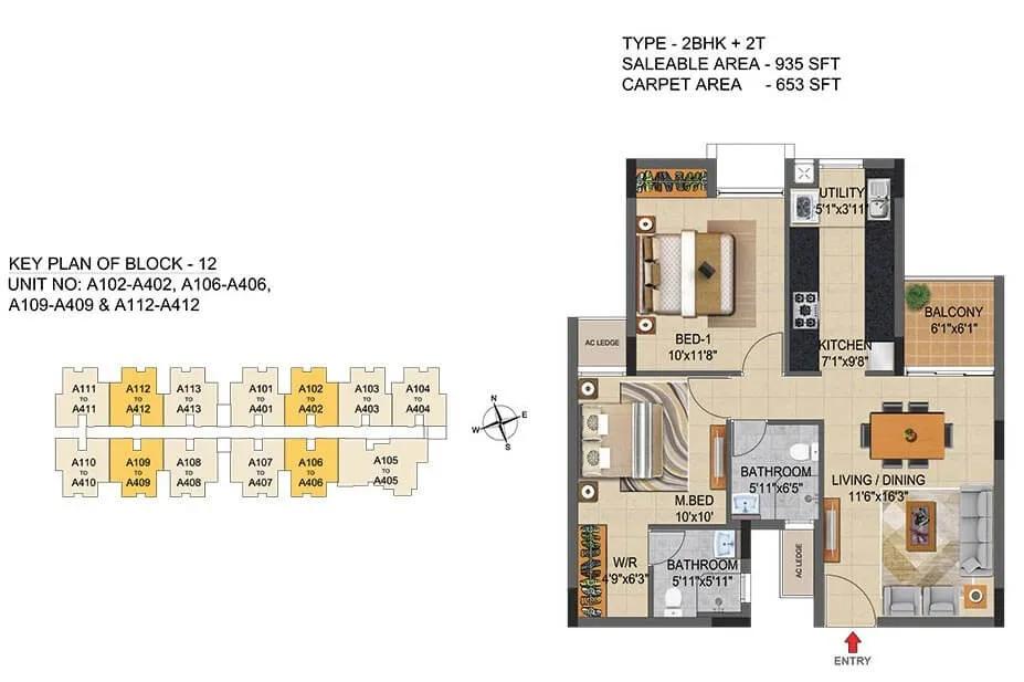 Casagrand Supremus 2 BHK floor plan, about 935 sq ft