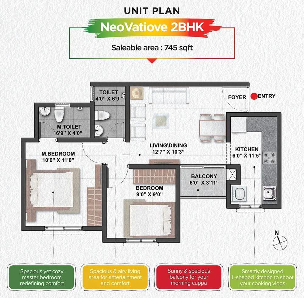 Shriram YUVA 2 BHK floor plan, about 745 sq ft