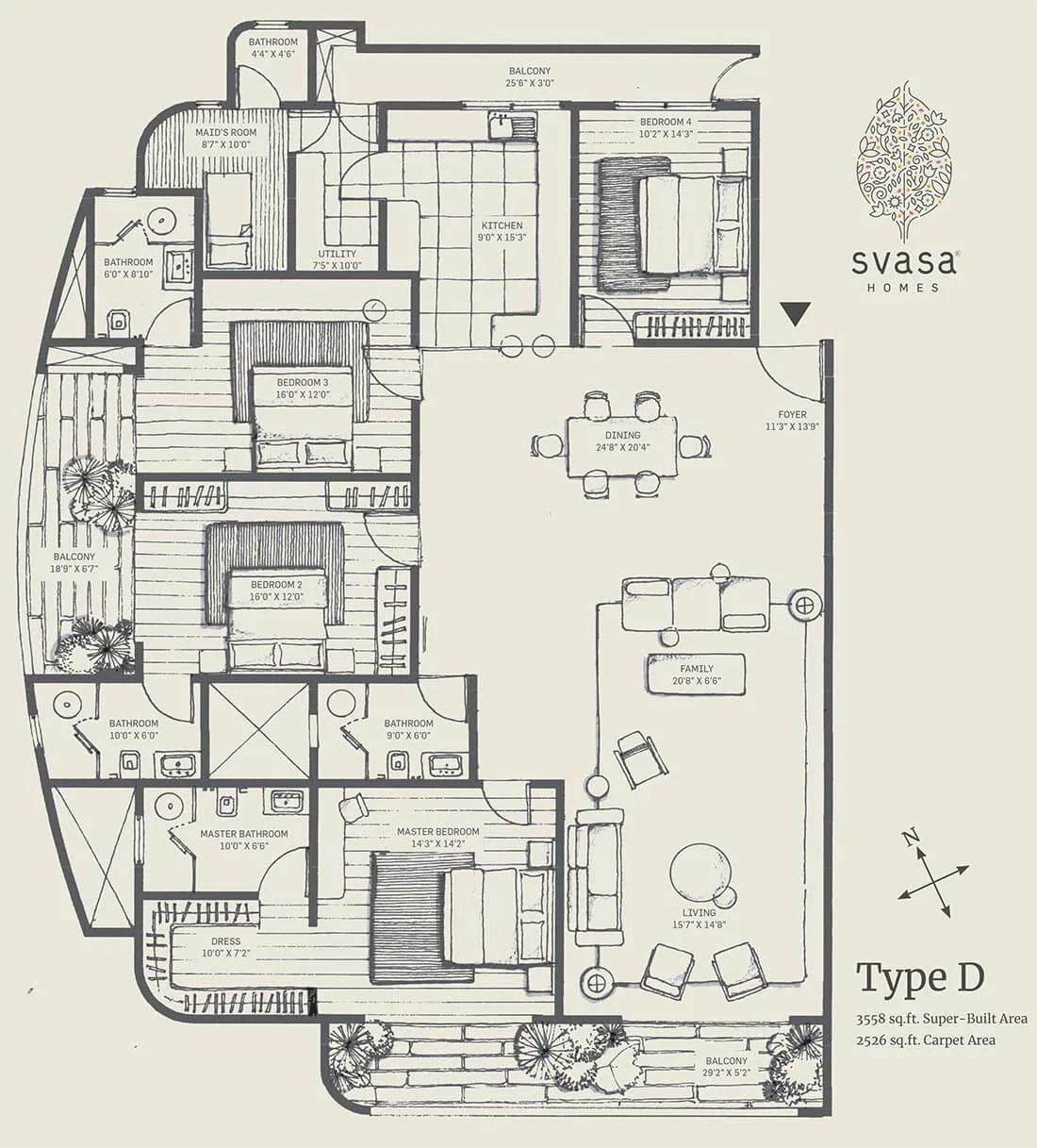 Svasa Homes floor plan, about 3,558 sq ft