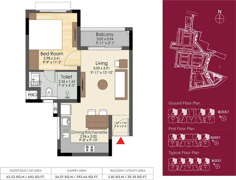Brigade Xanadu Destino 1 BHK floor plan, about 682 sq ft