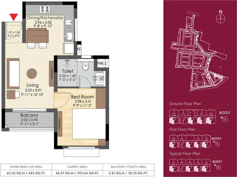 Brigade Xanadu Destino 1 BHK floor plan, about 682 sq ft