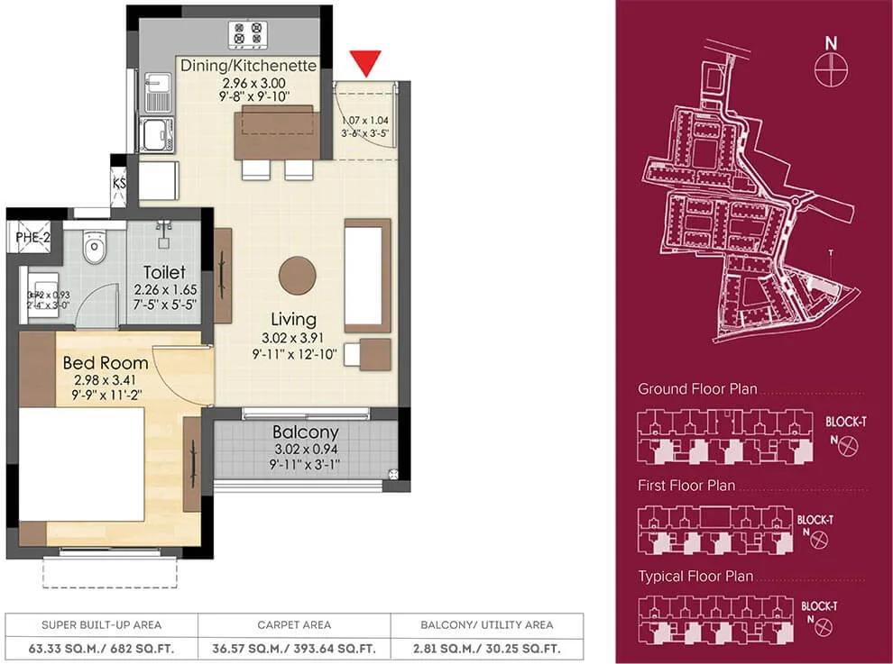 Brigade Xanadu Destino 1 BHK floor plan, about 682 sq ft
