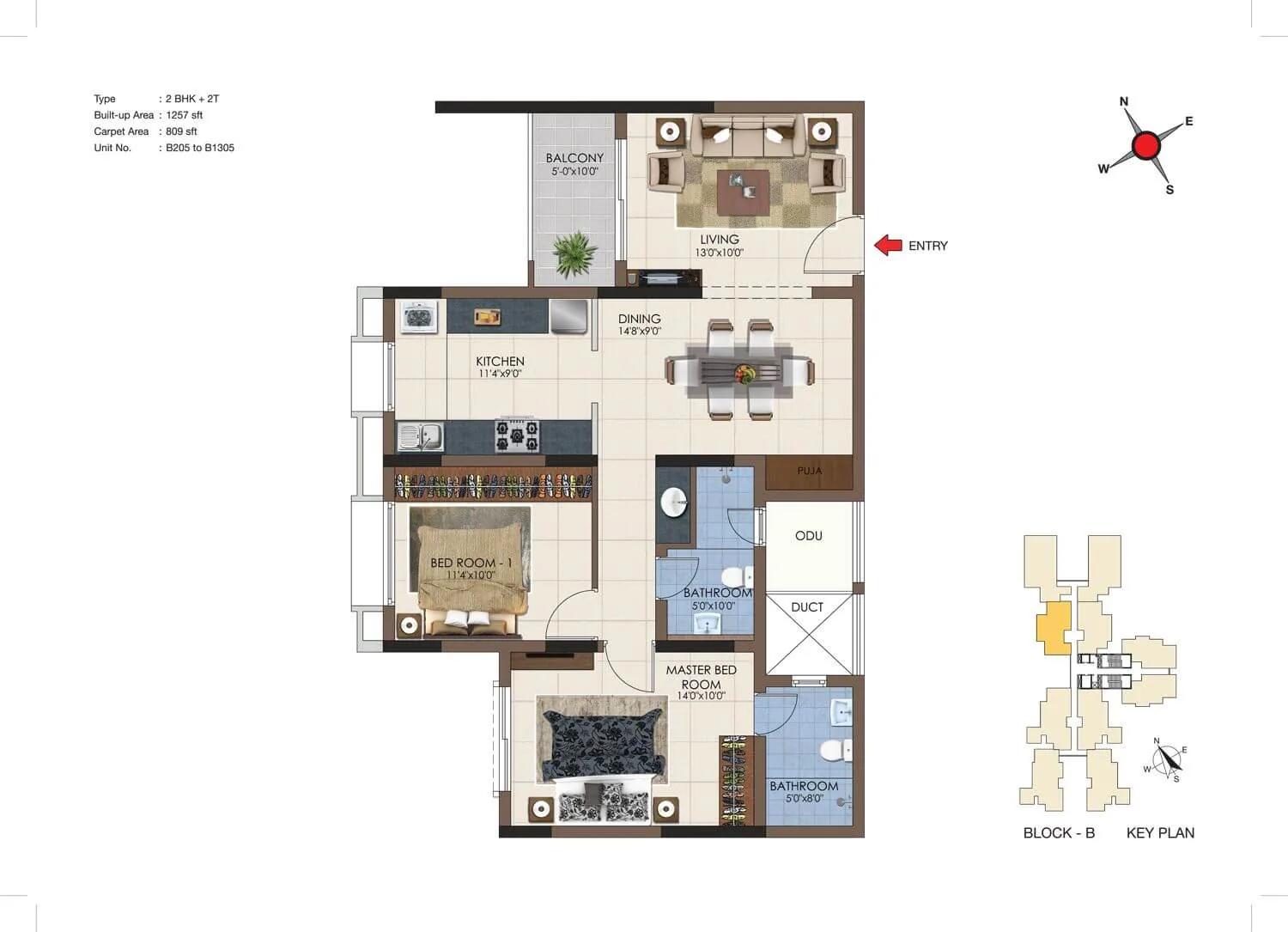CasaGrand Northern Star 2 BHK floor plan, about 1,257 sq ft