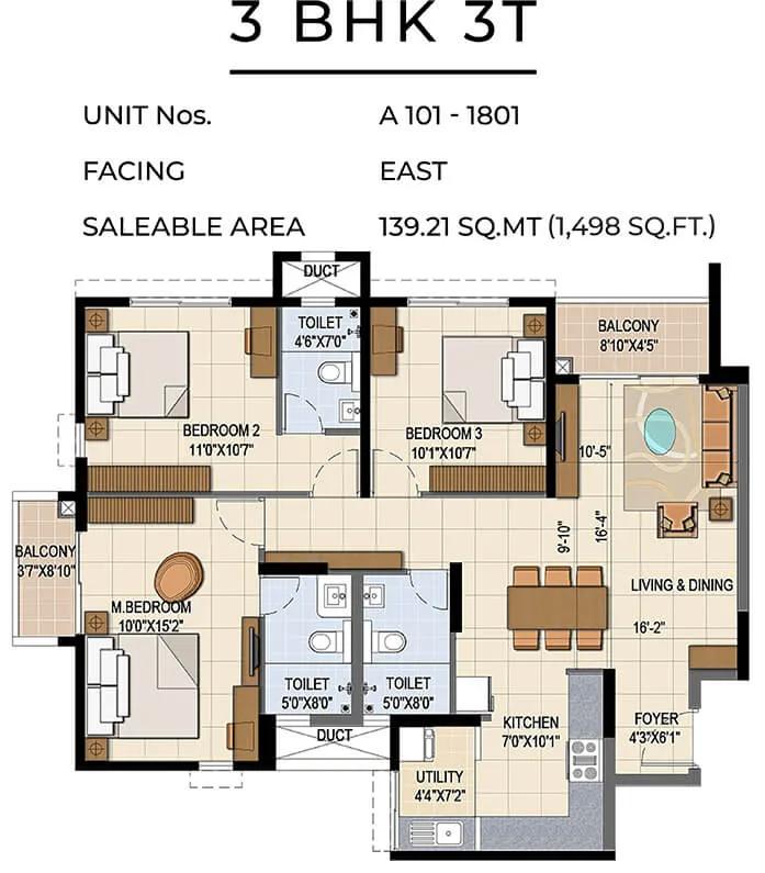 TVS Emerald Jardin 3 BHK floor plan, about 1,498 sq ft