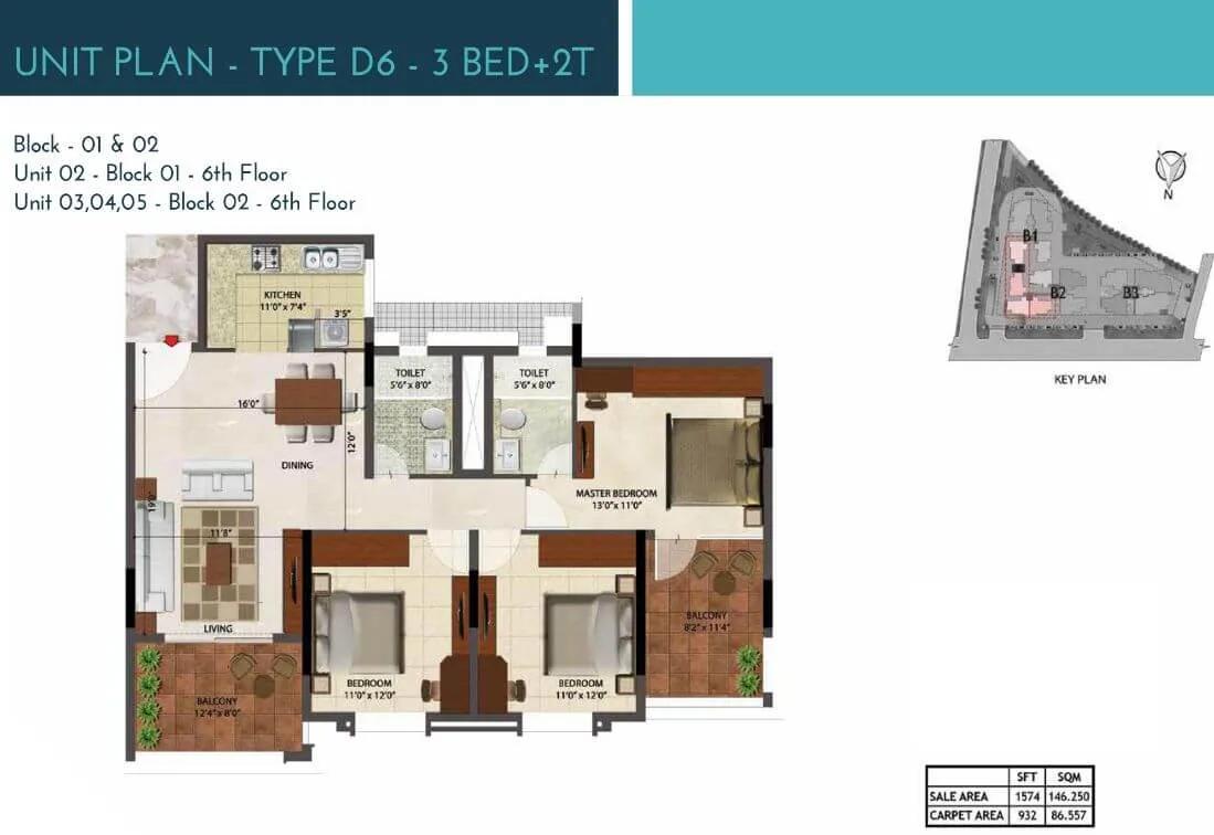 Prestige Ocean Crest 3 BHK floor plan, about 1,574 sq ft