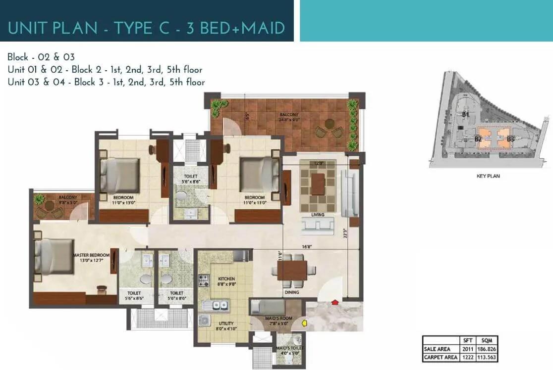 Prestige Ocean Crest 3 BHK floor plan, about 2,011 sq ft