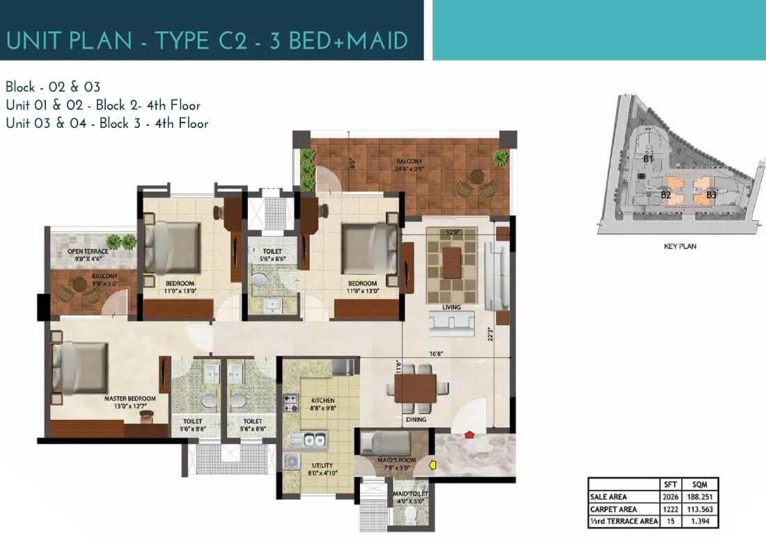 Prestige Ocean Crest 3 BHK floor plan, about 2,026 sq ft