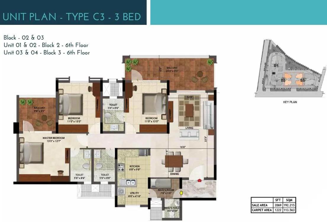 Prestige Ocean Crest 3 BHK floor plan, about 2,069 sq ft
