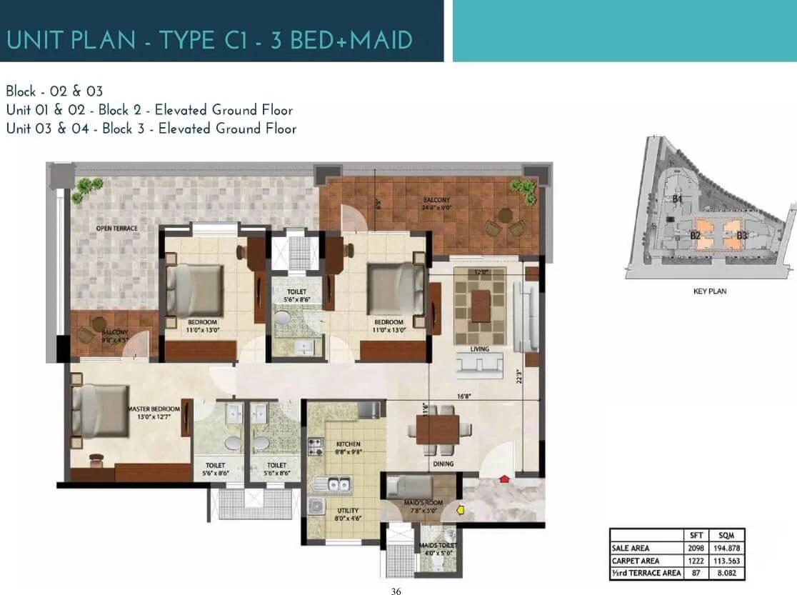 Prestige Ocean Crest 3 BHK floor plan, about 2,098 sq ft
