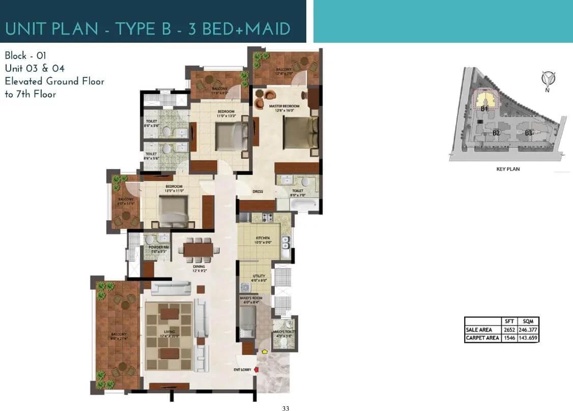 Prestige Ocean Crest 3 BHK floor plan, about 2,652 sq ft