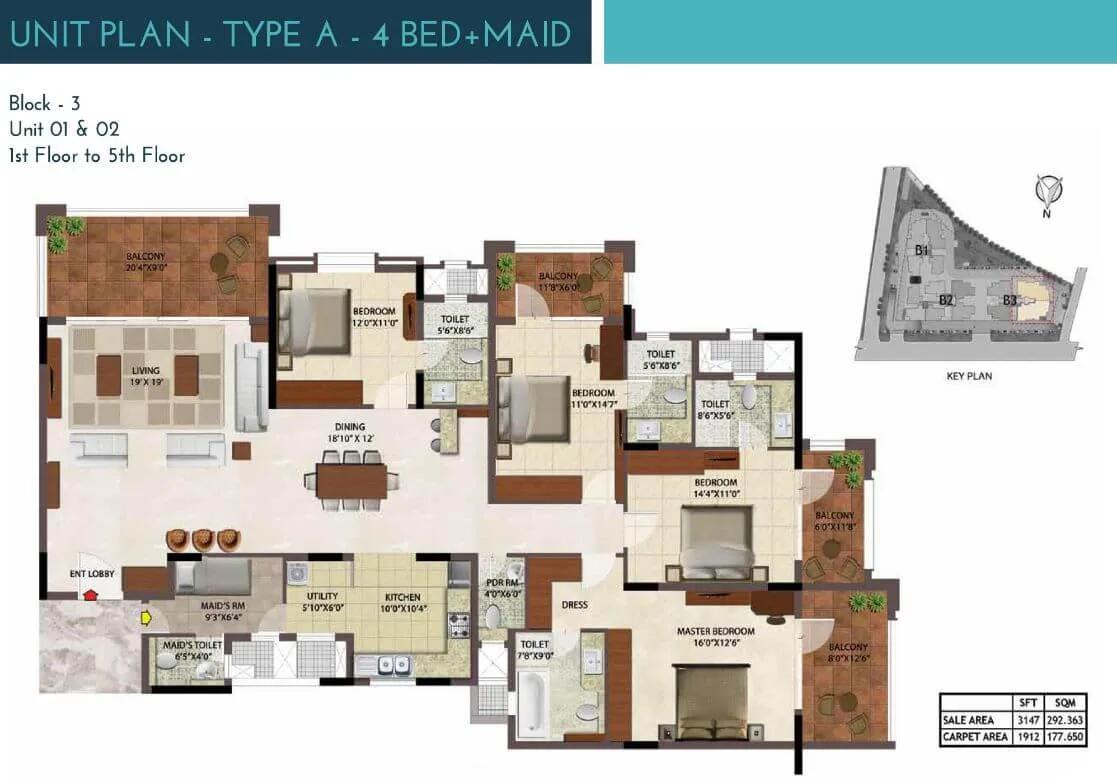 Prestige Ocean Crest 4 BHK floor plan, about 1,912 sq ft