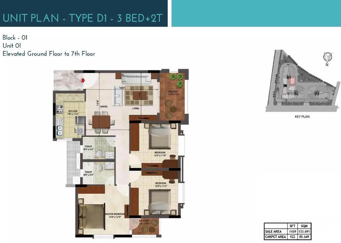 Prestige Ocean Crest 3 BHK floor plan, about 1,439 sq ft