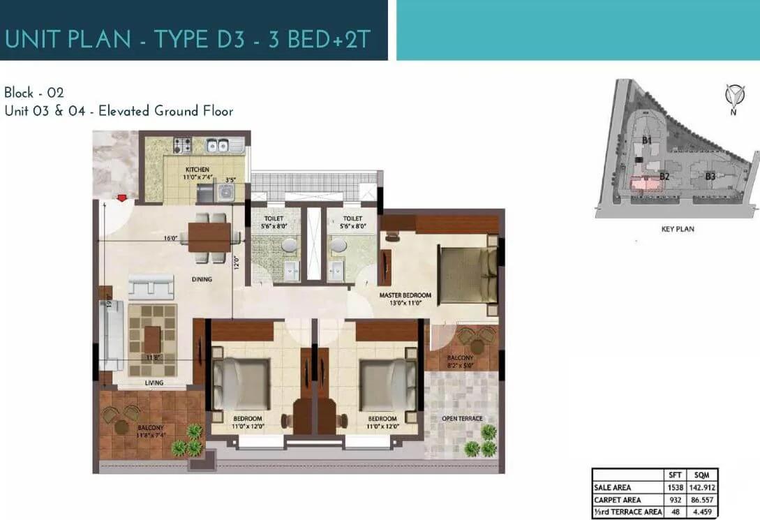 Prestige Ocean Crest 3 BHK floor plan, about 1,538 sq ft