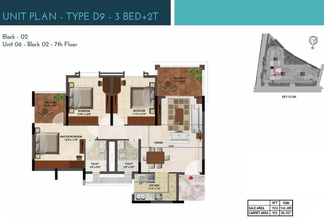 Prestige Ocean Crest 3 BHK floor plan, about 1,534 sq ft