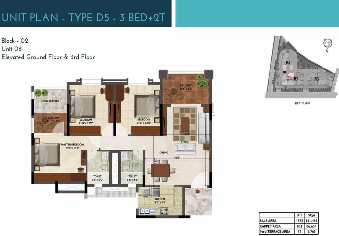 Prestige Ocean Crest 3 BHK floor plan, about 1,523 sq ft