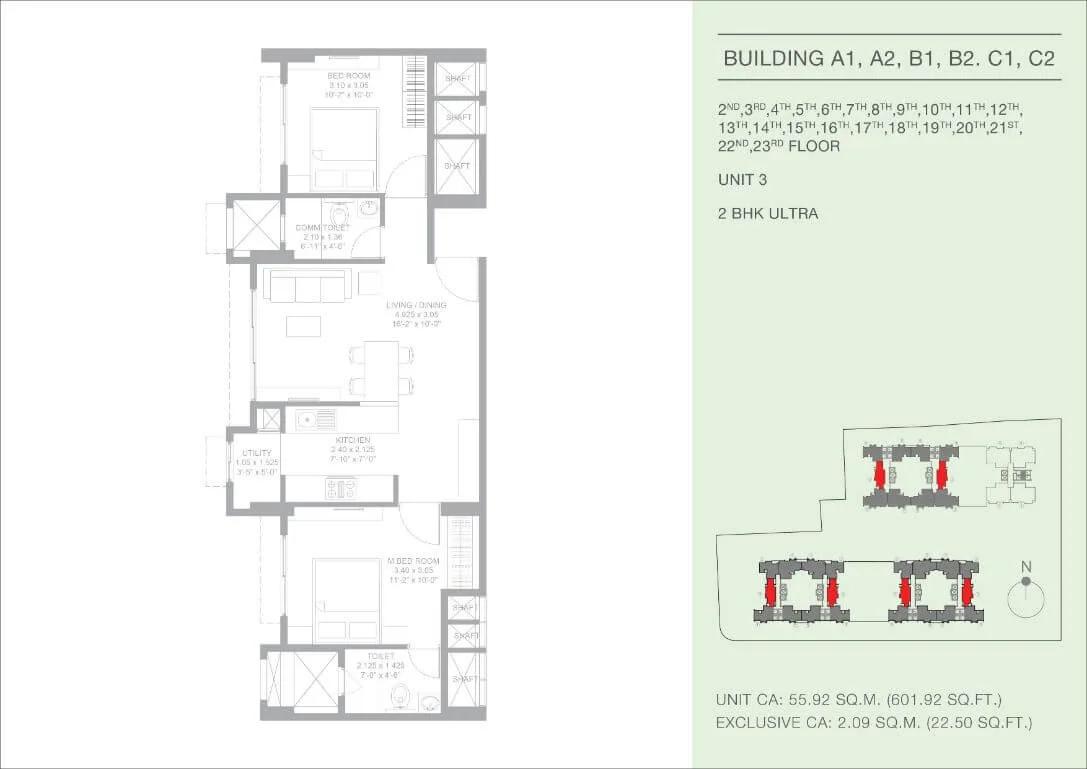 Godrej Green Glades 2 BHK floor plan, about 601 sq ft