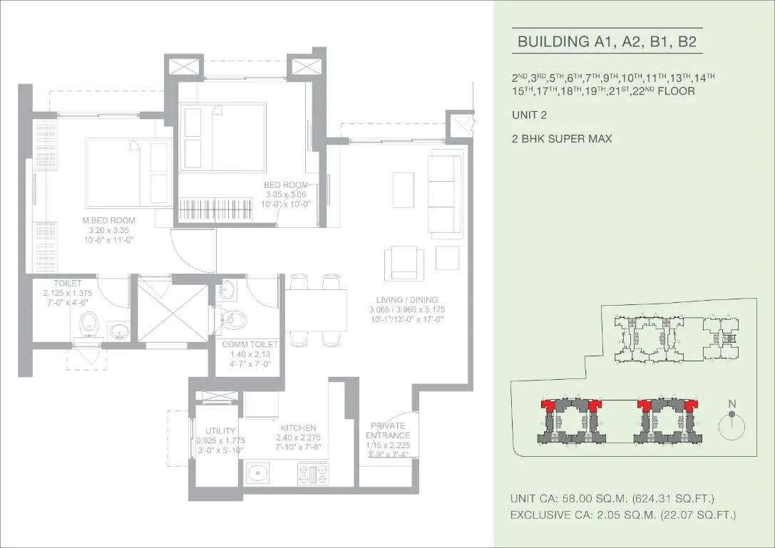 Godrej Green Glades 2 BHK floor plan, about 624 sq ft