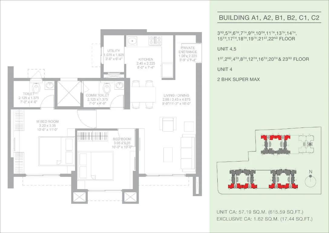 Godrej Green Glades 2 BHK floor plan, about 615 sq ft