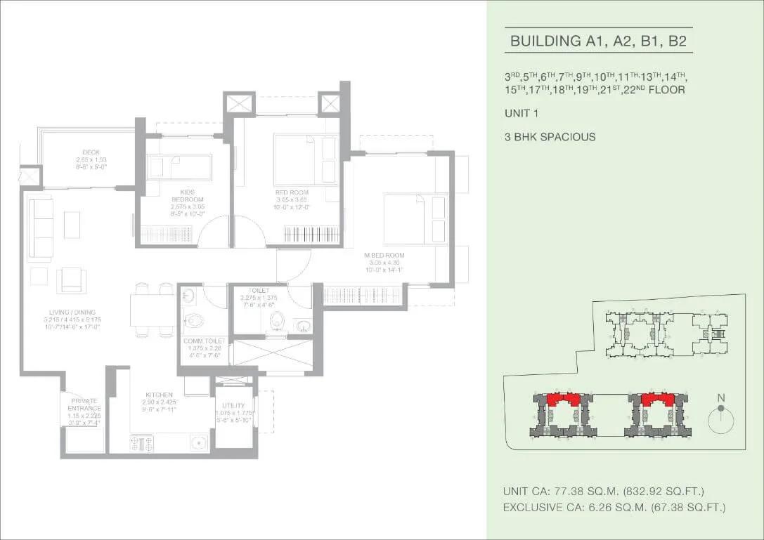 Godrej Green Glades 3 BHK floor plan, about 832 sq ft