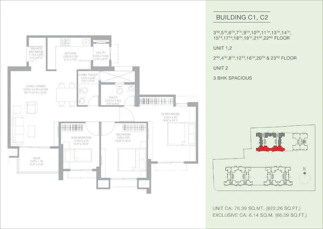 Godrej Green Glades 3 BHK floor plan, about 822 sq ft