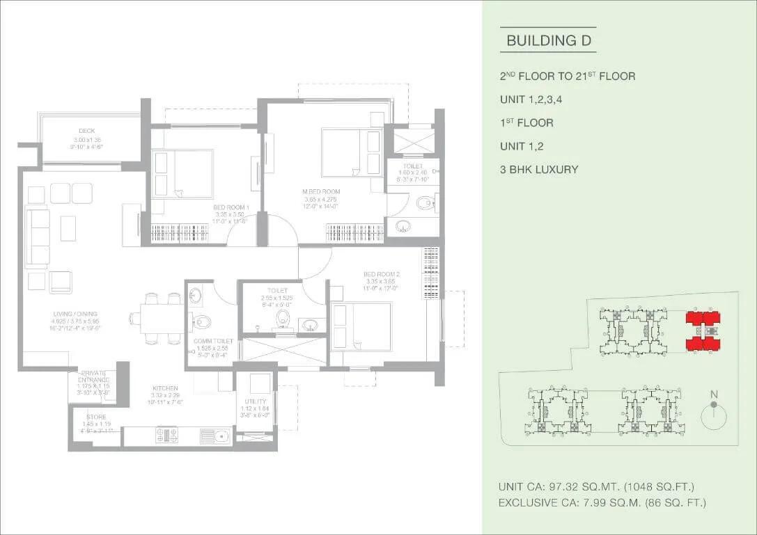 Godrej Green Glades 3 BHK floor plan, about 1,048 sq ft