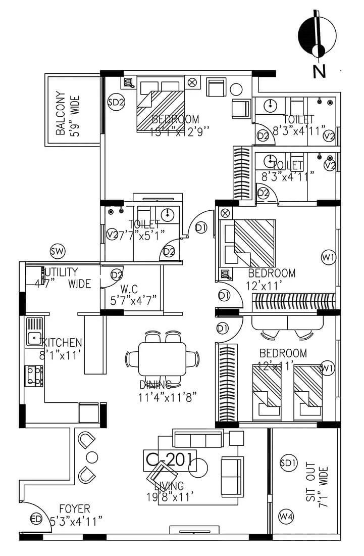 Umiya Woods 3 BHK floor plan, about 1,830 sq ft