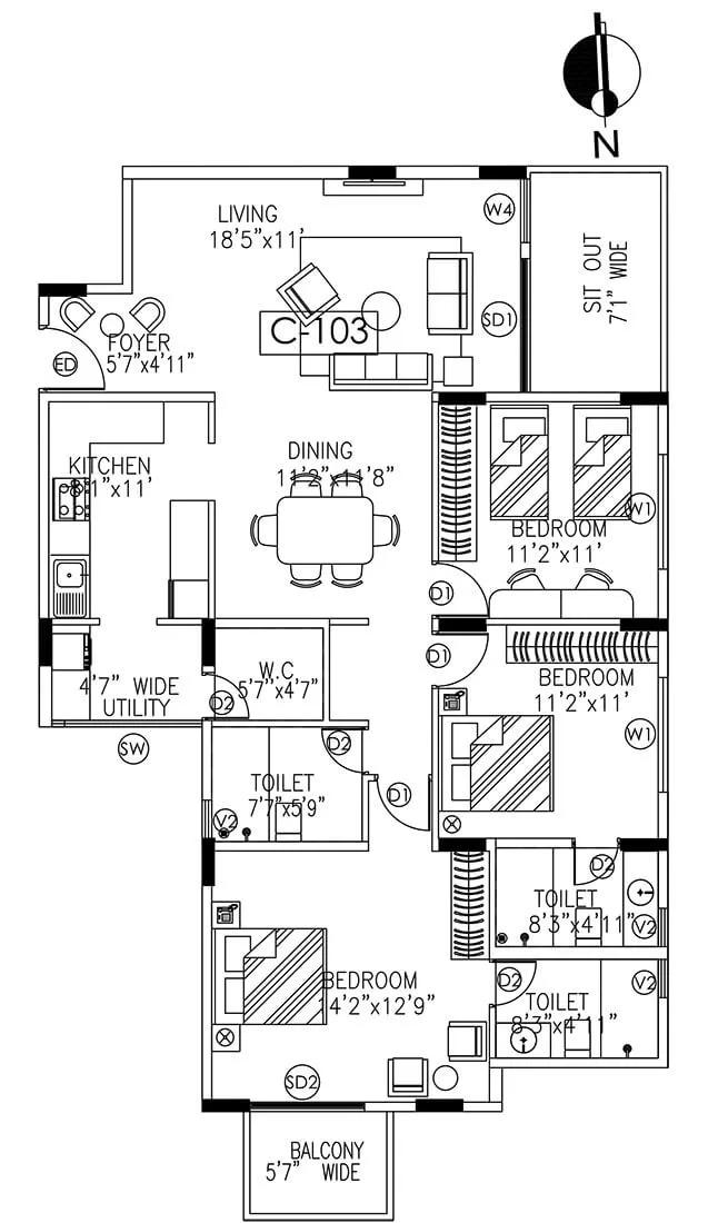 Umiya Woods 3 BHK floor plan, about 1,765 sq ft
