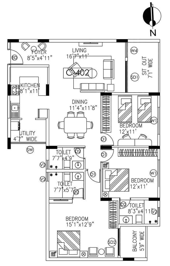 Umiya Woods 3 BHK floor plan, about 1,730 sq ft