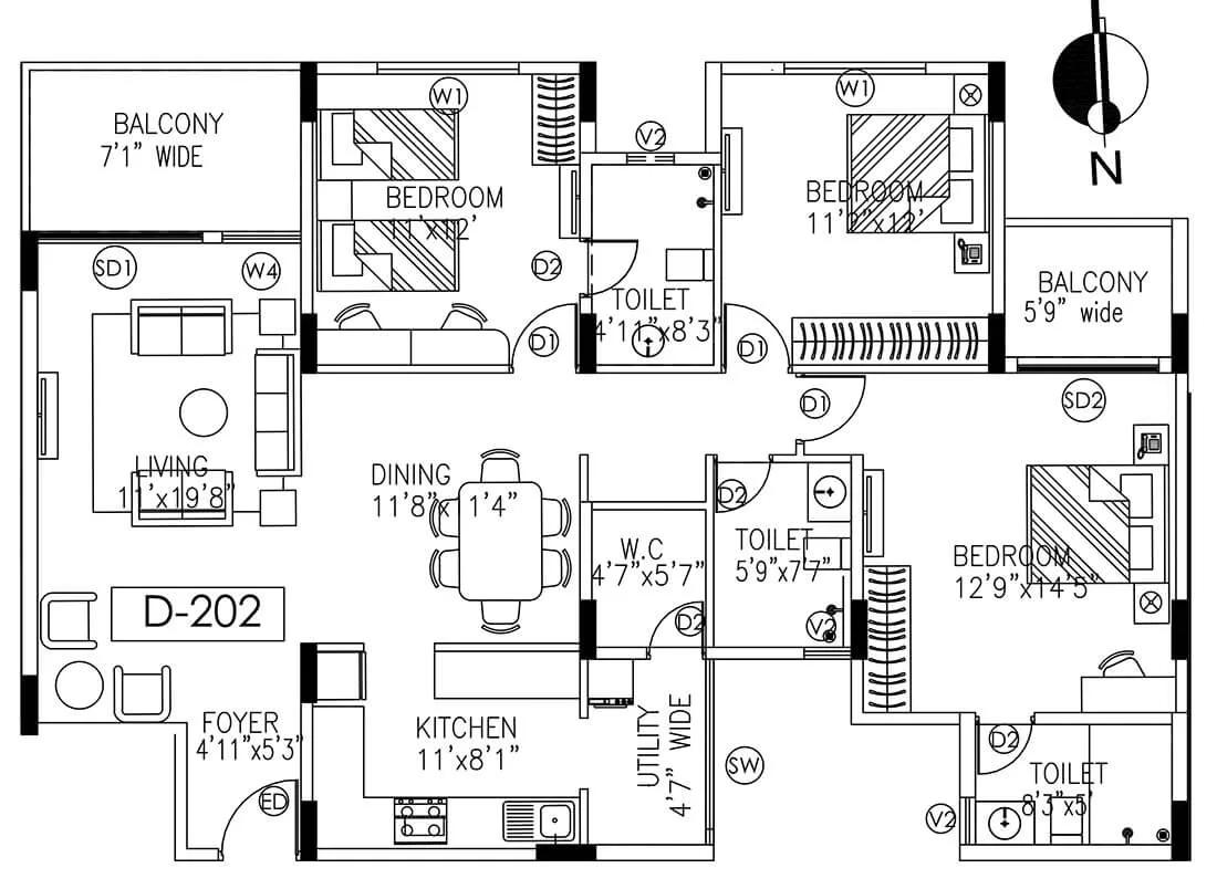 Umiya Woods 3 BHK floor plan, about 1,835 sq ft