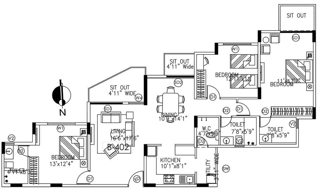 Umiya Woods 3 BHK floor plan, about 1,870 sq ft