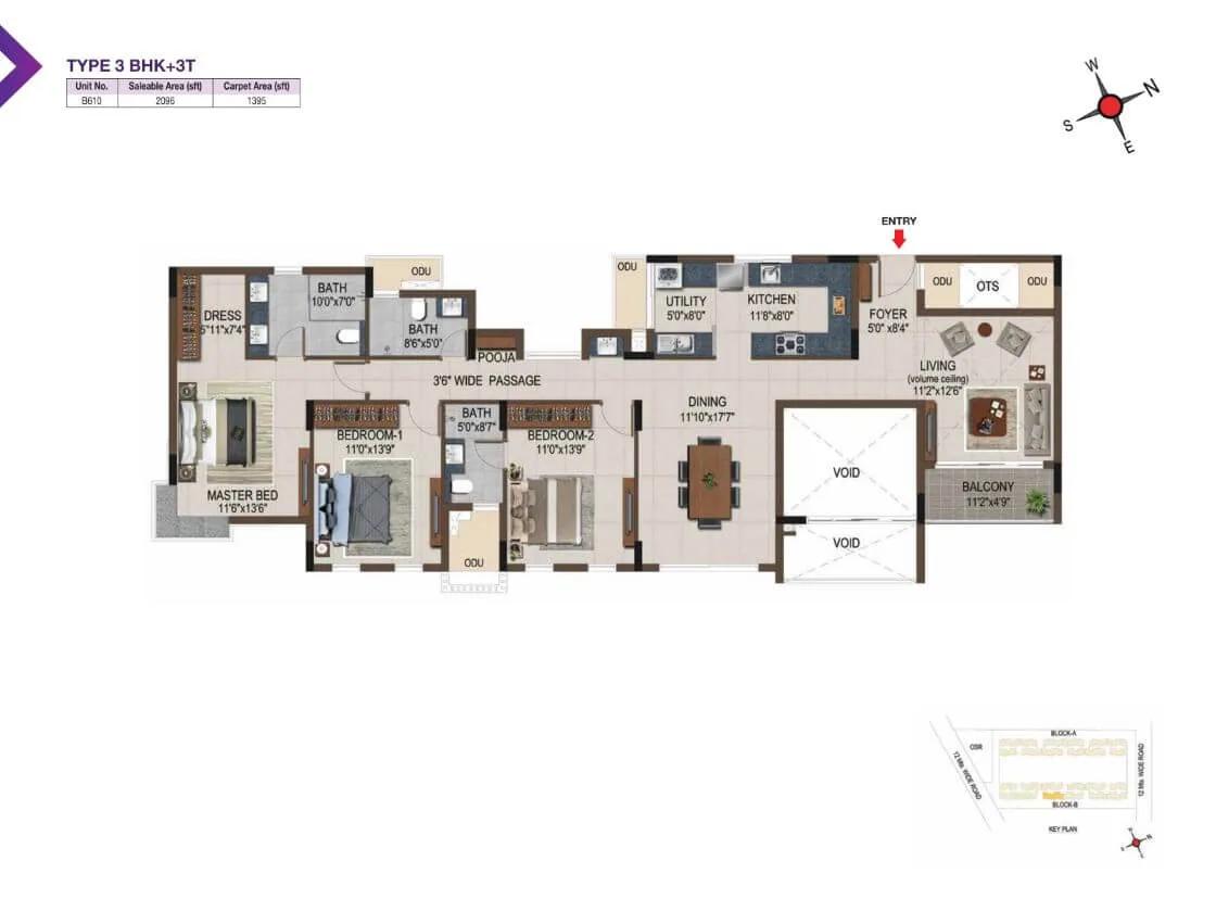 Casagrand Amethyst 3 BHK floor plan, about 2,096 sq ft