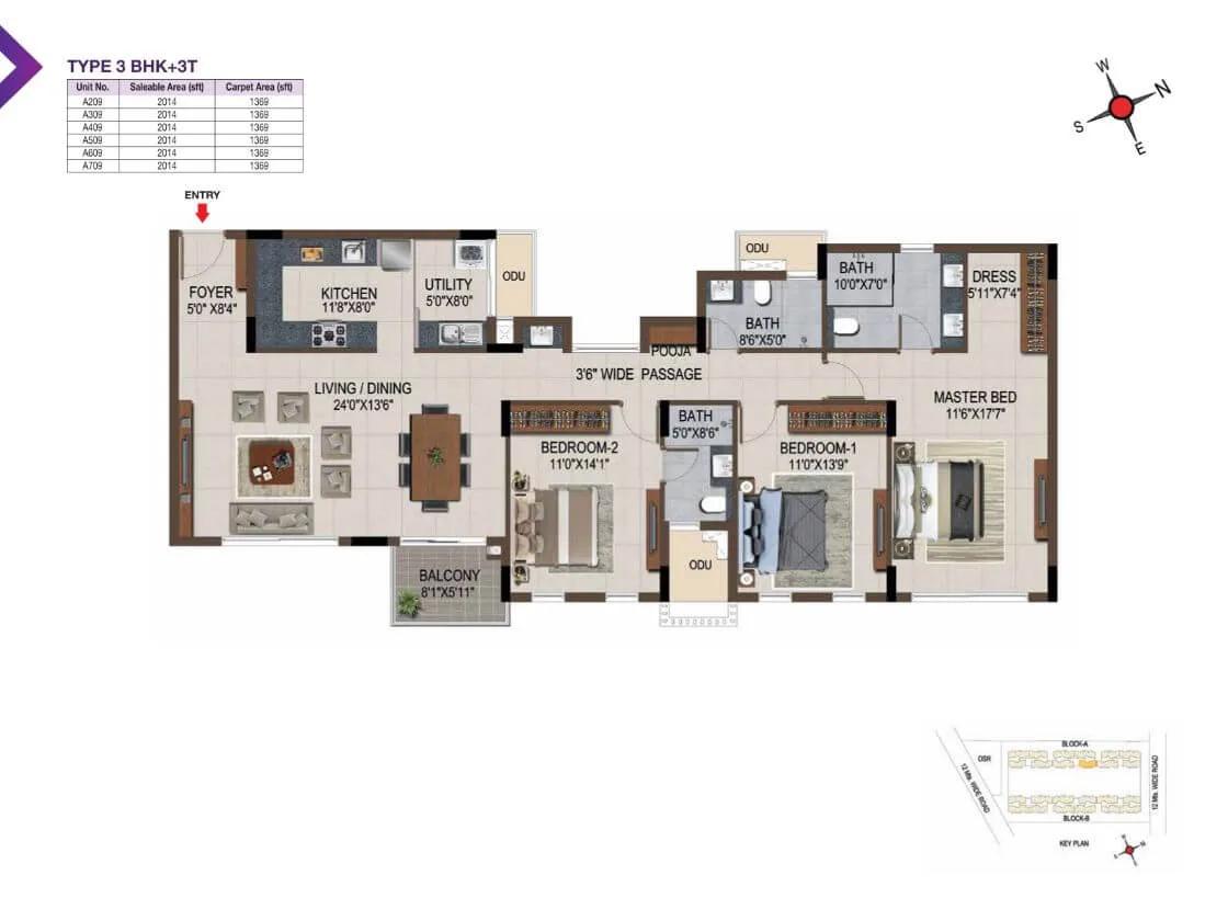 Casagrand Amethyst 3 BHK floor plan, about 2,014 sq ft