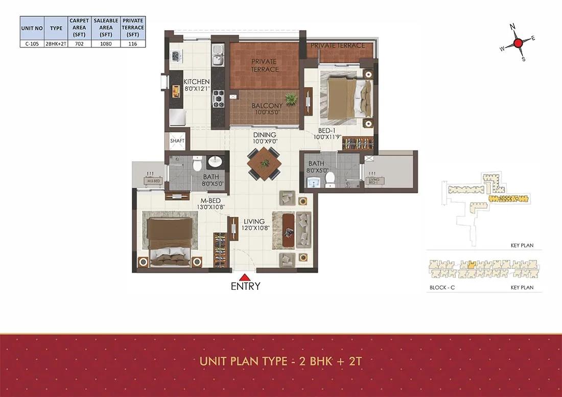 CasaGrand Royale 2 BHK floor plan, about 1,080 sq ft