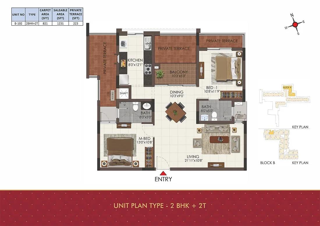 CasaGrand Royale 2 BHK floor plan, about 1,231 sq ft