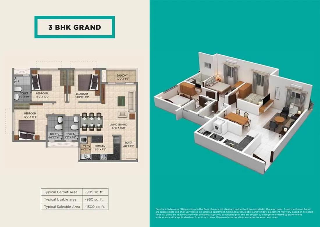 Provident Park One 3 BHK floor plan