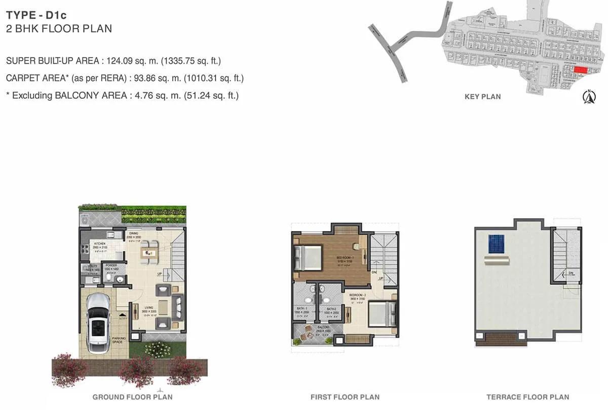 Sobha Gardenia 2 BHK floor plan, about 1,335 sq ft