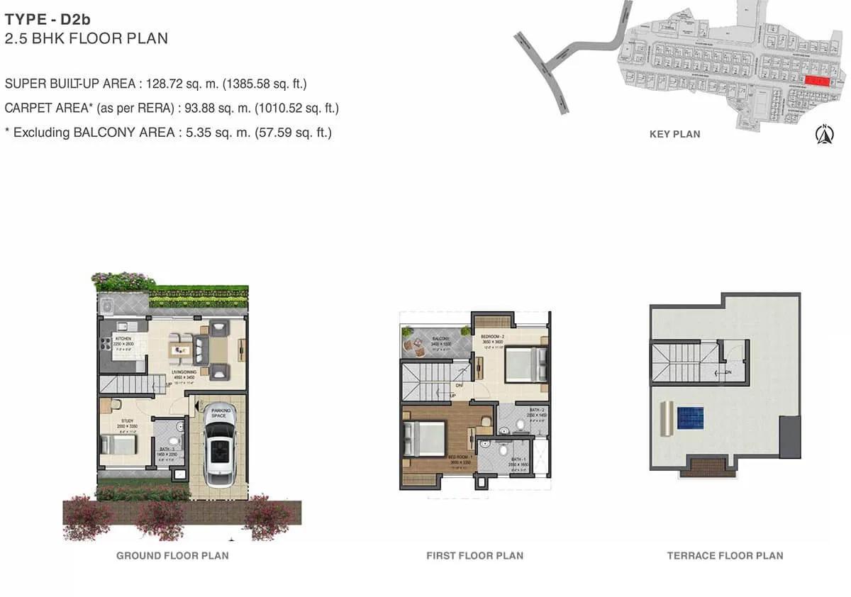 Sobha Gardenia 2.5 BHK floor plan, about 1,385 sq ft
