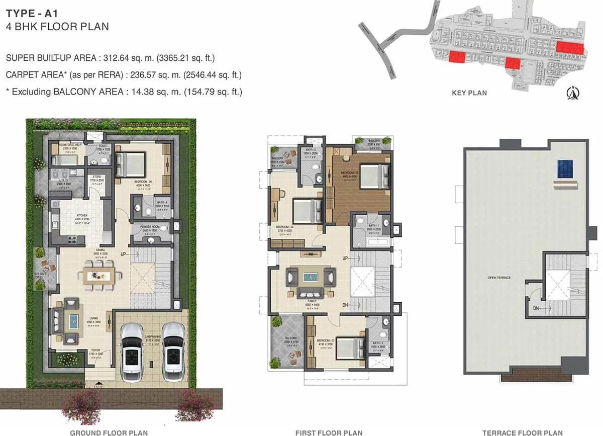 Sobha Gardenia 4 BHK floor plan, about 3,365 sq ft