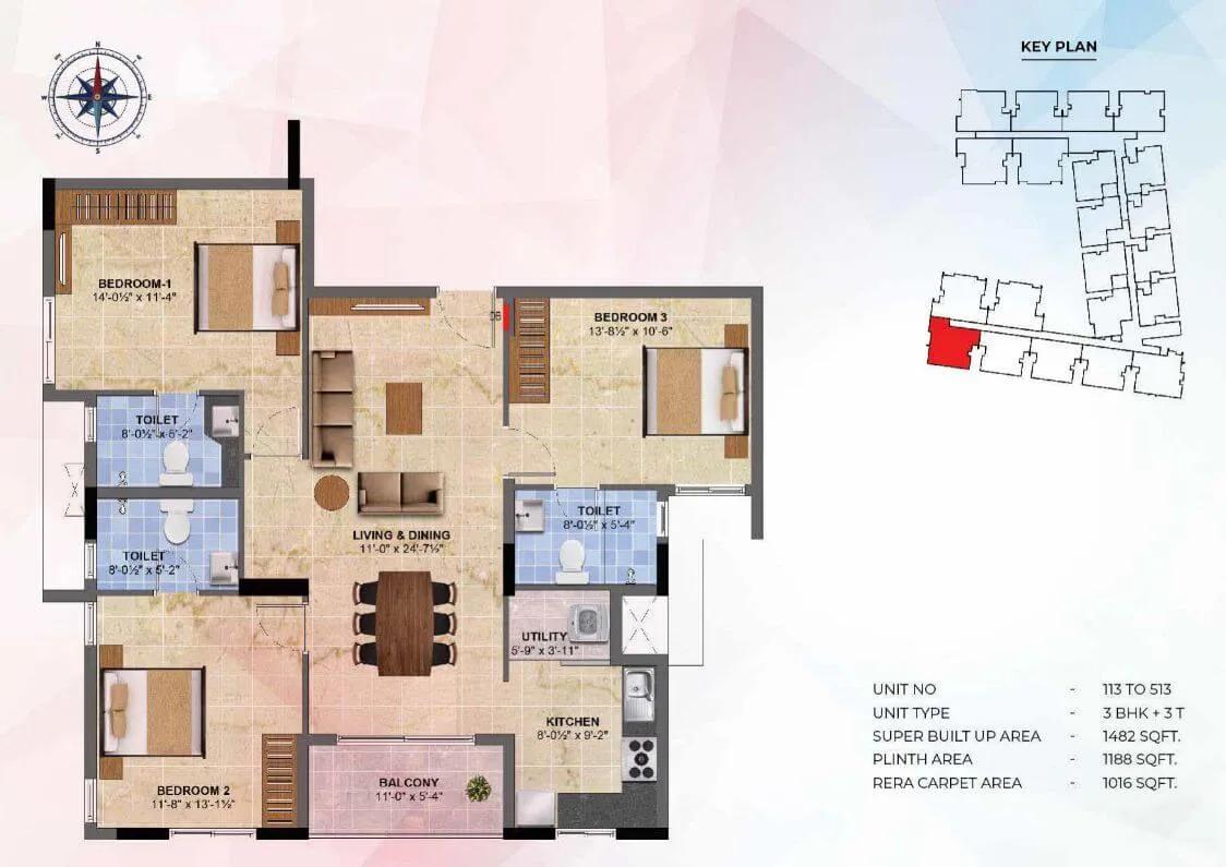 Radiance Sapphire 3 BHK floor plan, about 1,482 sq ft