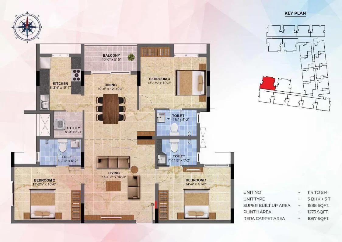 Radiance Sapphire 3 BHK floor plan, about 1,588 sq ft