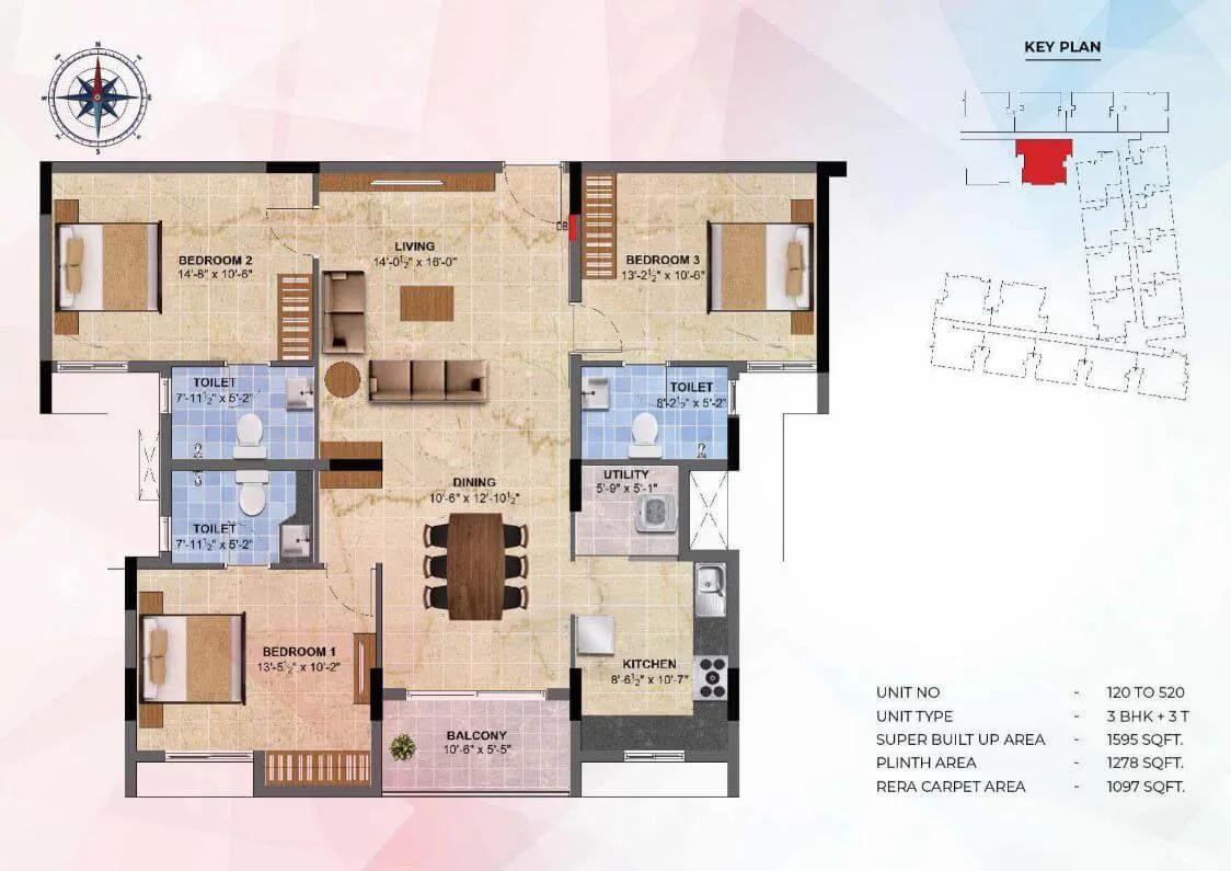 Radiance Sapphire 3 BHK floor plan, about 1,595 sq ft